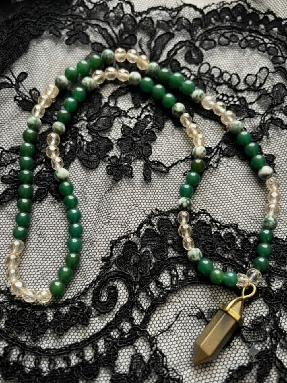 Leprechaun’s Gold Necklace (Tree Agate, Emerald Jade, Cream Crystals & Pyrite)